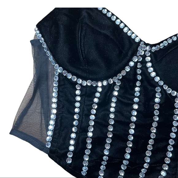 NEW Starlet ASOS Black Crushed Velvet Embellished Zip Back Corset Top 8 - Picture 5 of 10